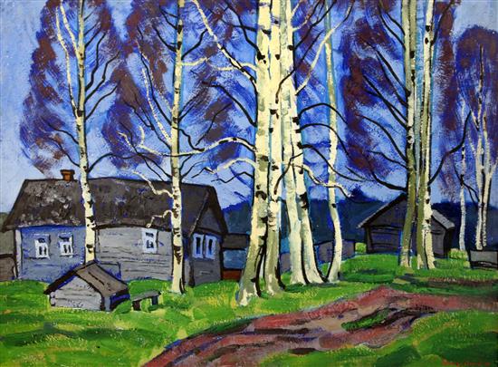Yuri Matushevski (1930-1999) Birch trees and farm buildings, 23 x 33in.